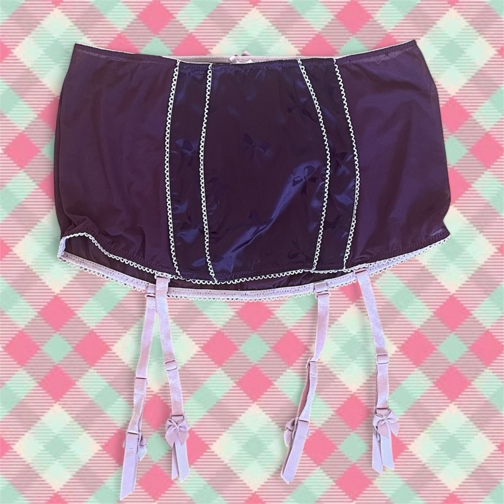 VS Maroon and Pink Satin Garter Belt with Lace Trim